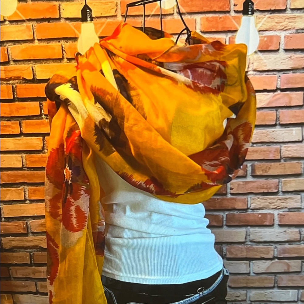 🧣 Unbranded — Oversized Pansy Gauze Scarf — Sun Yellow Floral — OS / D